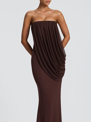 Draped Strapless Brown Maxi Dress