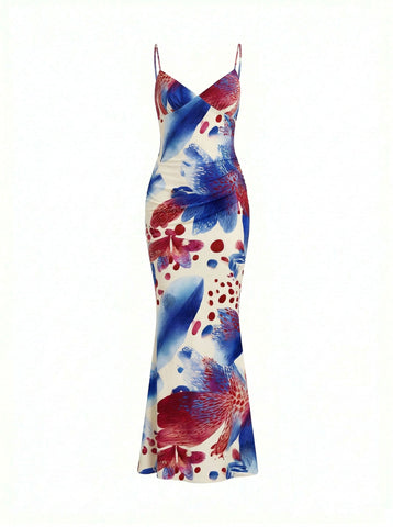 Floral Print Spaghetti Strap Bodycon Maxi Dress