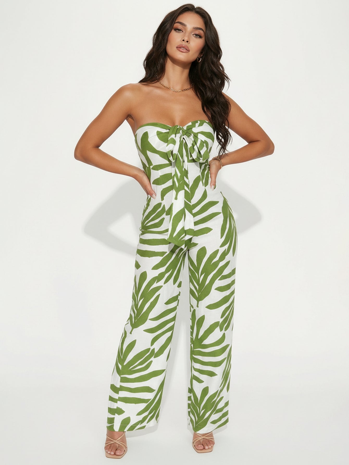 Green Leaf Print Tie Front Casual Jumpsuit