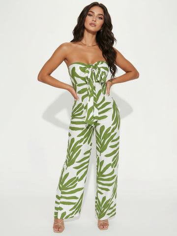 Green Leaf Print Tie Front Casual Jumpsuit