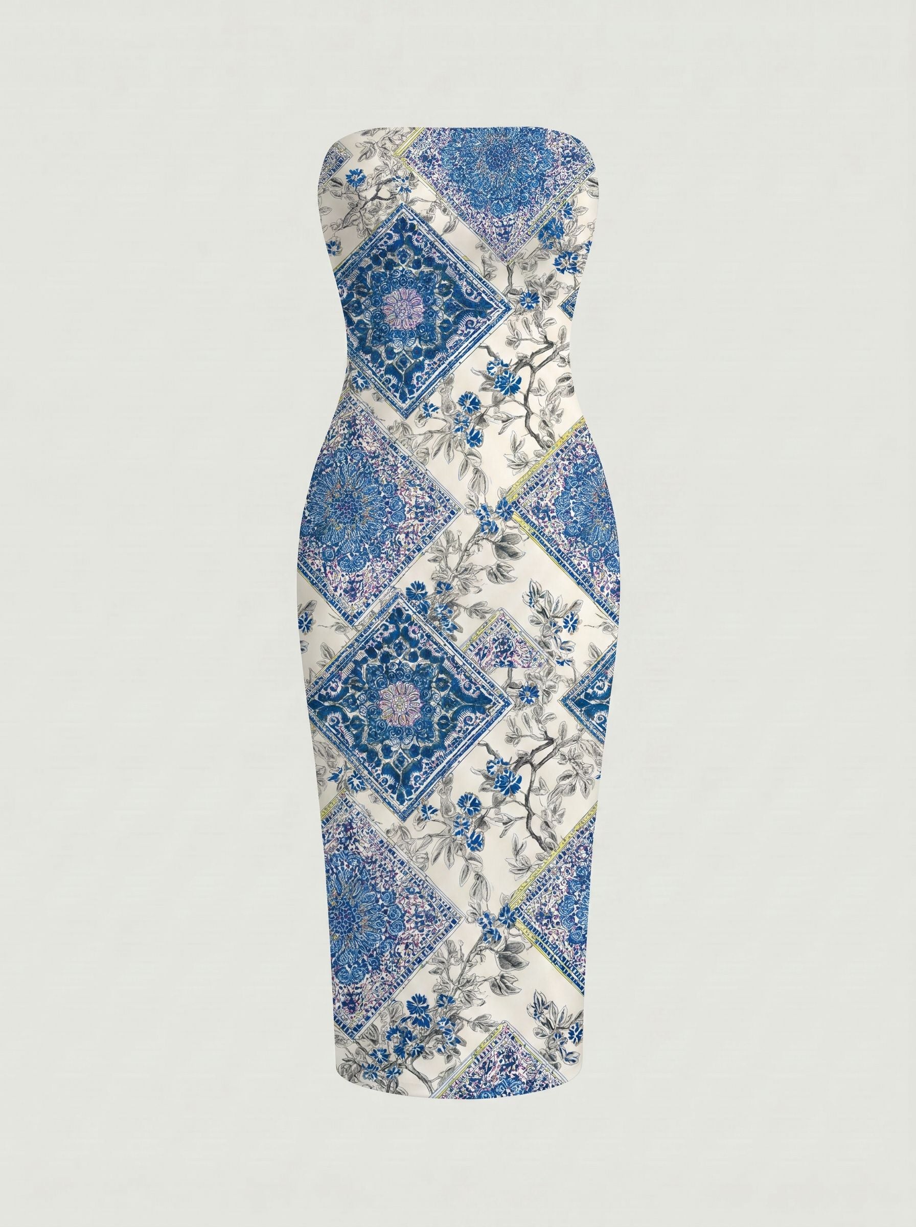 MAIA Floral Print Strapless Sheath Midi Dress