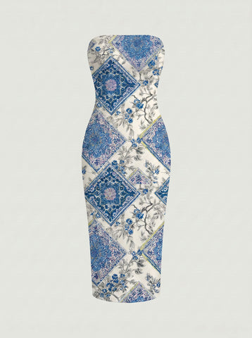 MAIA Floral Print Strapless Sheath Midi Dress