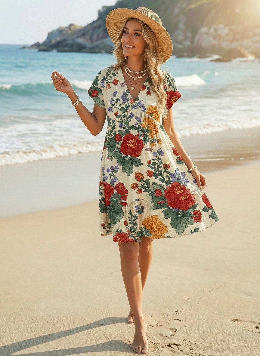 EVA Floral Print V Neck Tiered Babydoll Mini Dress