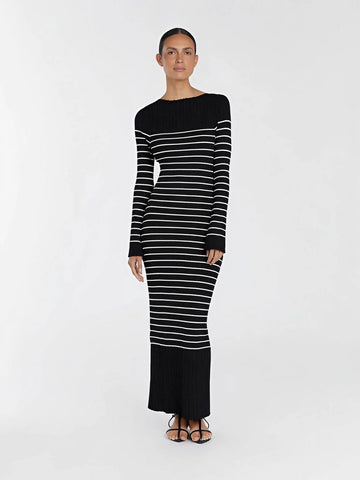 Striped Off Shoulder Ribbed Sweater Dress