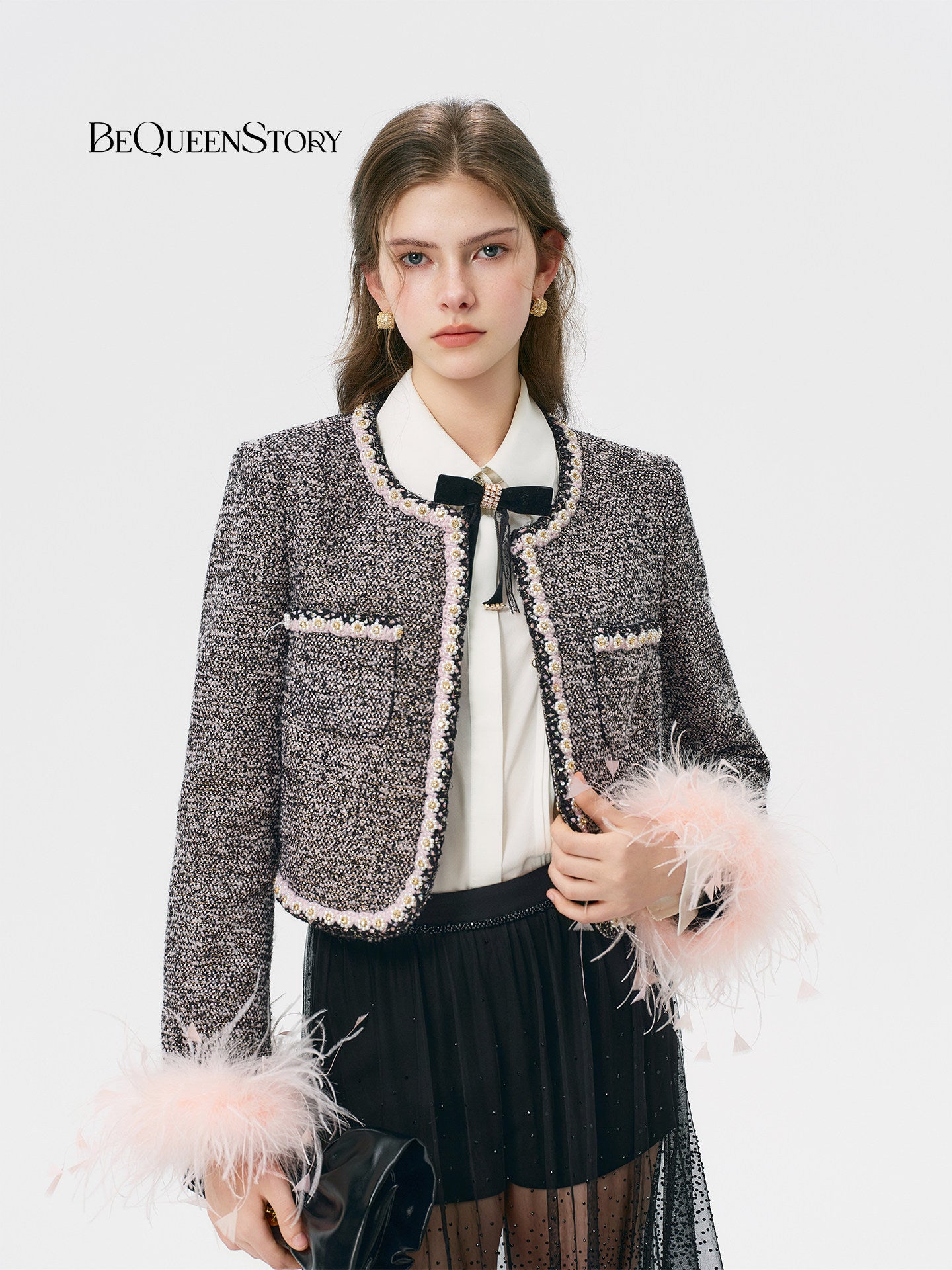 Feather Trim Tweed Cropped Jacket