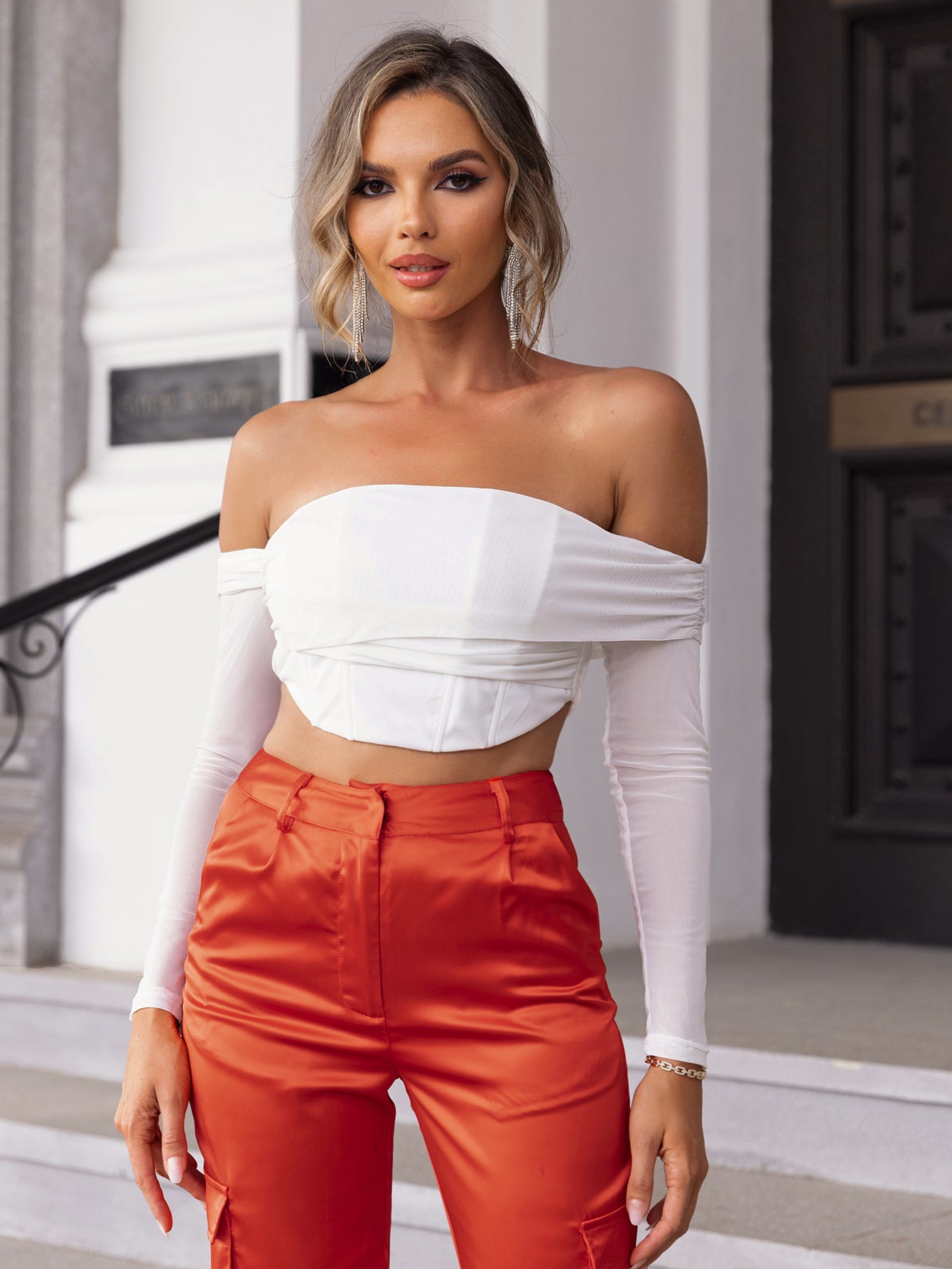 Off-Shoulder Sheer-Sleeve Ruched-Front Chic T-Shirt