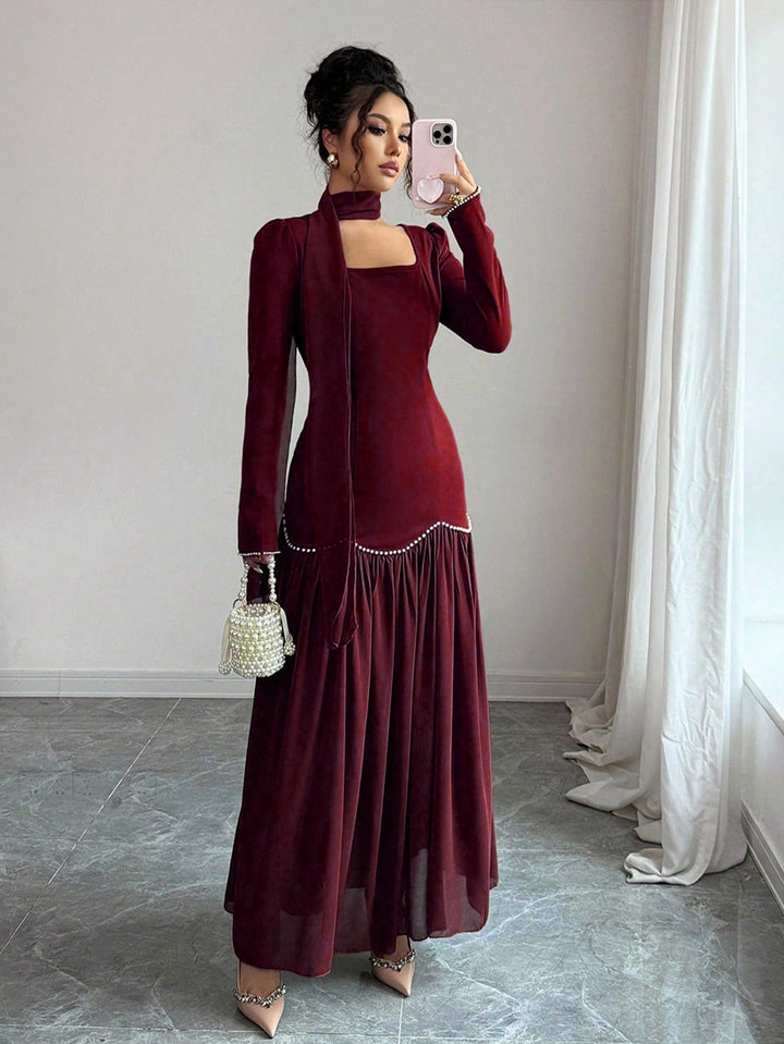 Elegant Velvet Pearl Trim Midi Dress