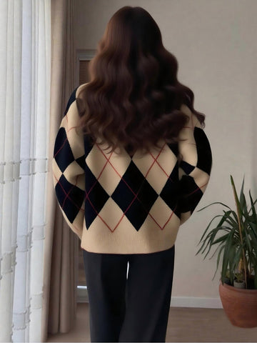 Oversized Argyle Pattern Crewneck Sweater