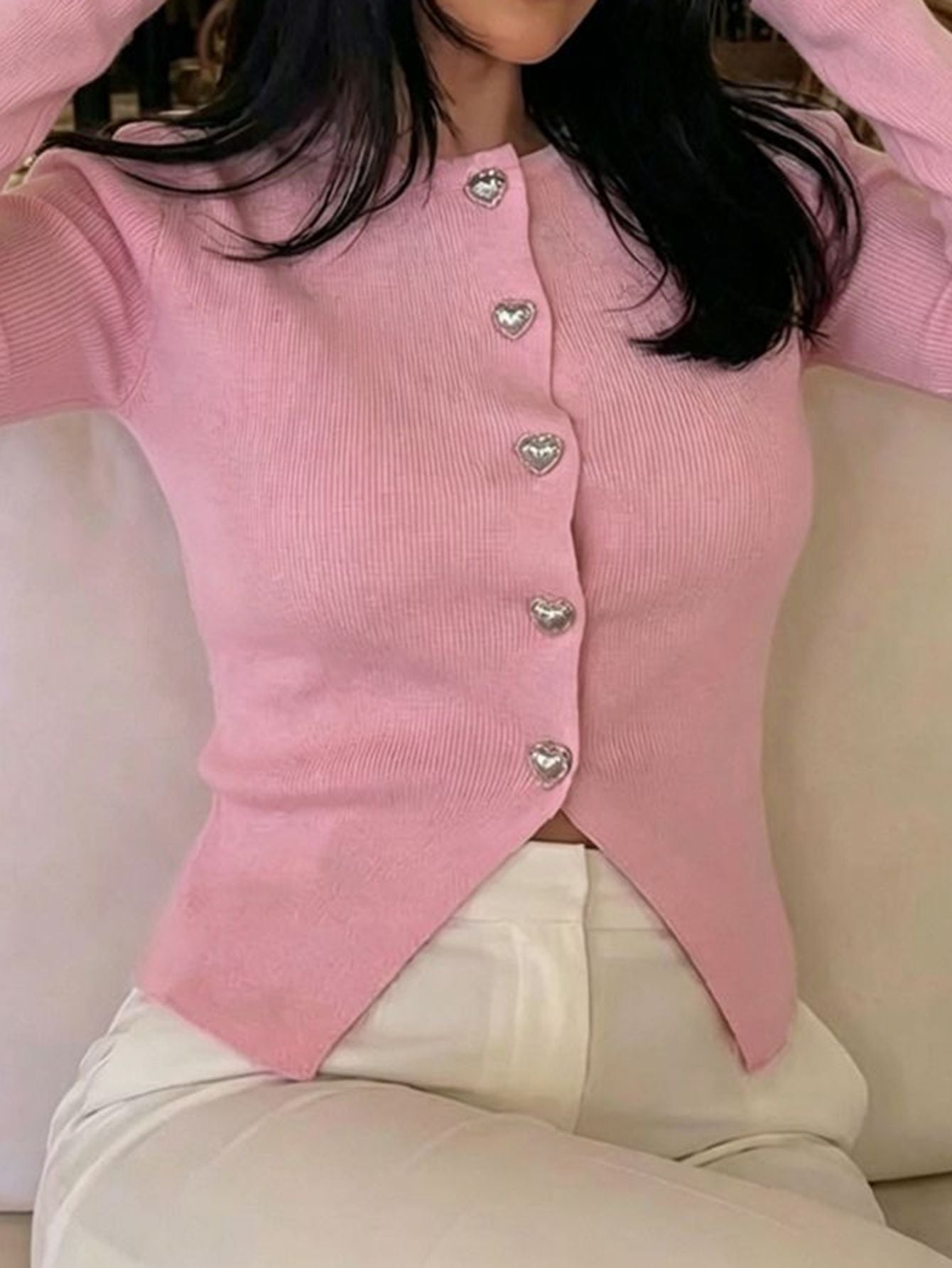 Cute Heart Button Ribbed Knit Cardigan