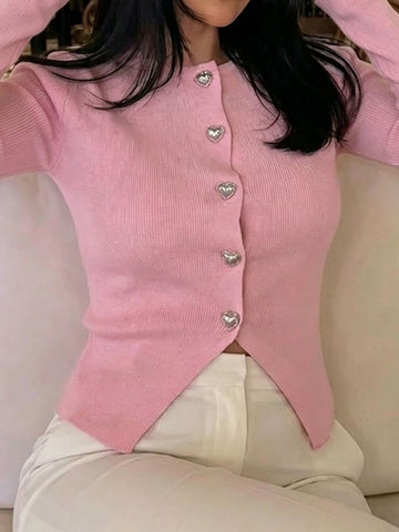 Cute Heart Button Ribbed Knit Cardigan