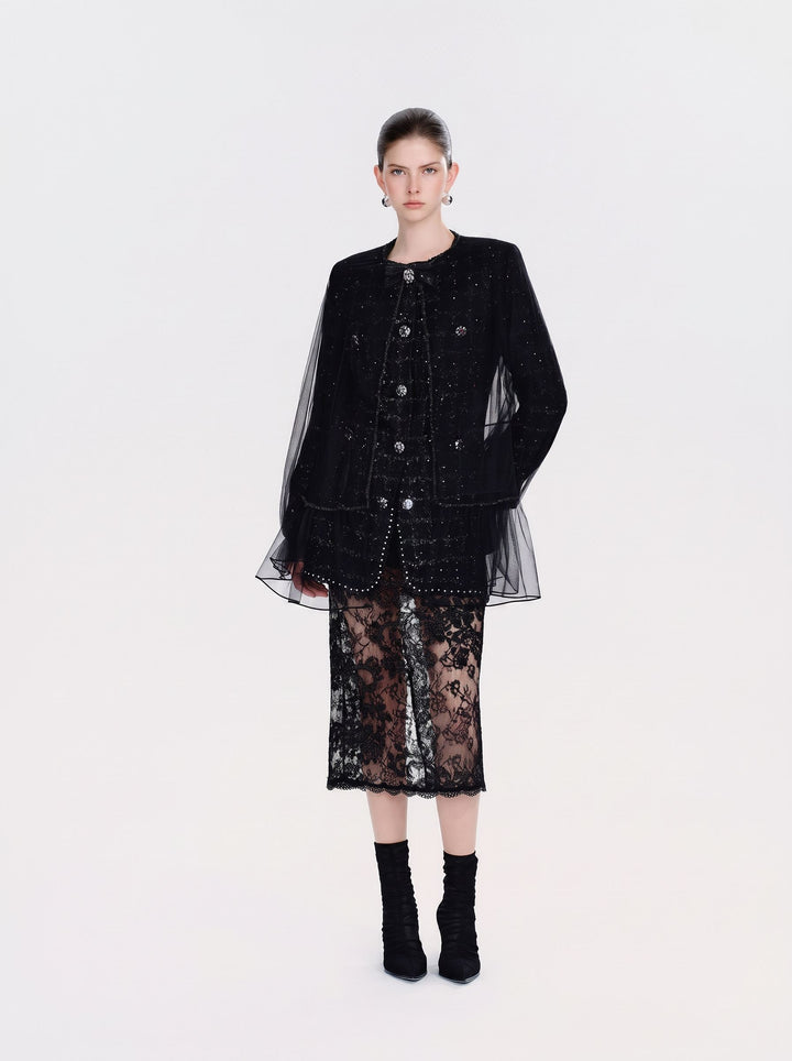 Shimmering Tweed Ruffle Trim Jacket