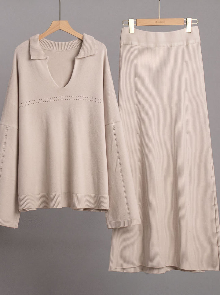 Cozy Collared Knit Sweater Skirt Set