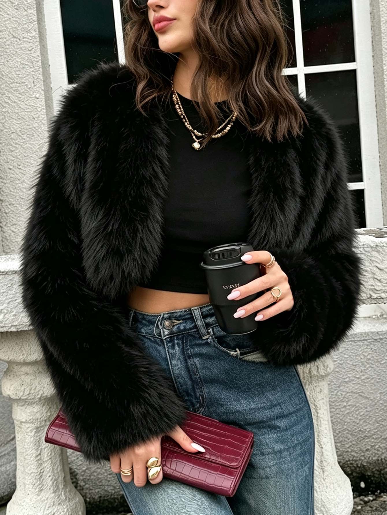 Luxury Fluffy Cropped Faux Fur Jacket