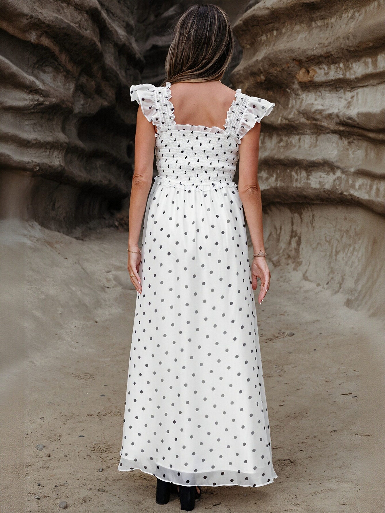 Ruffled Polka Dot Smocked Maxi Dress