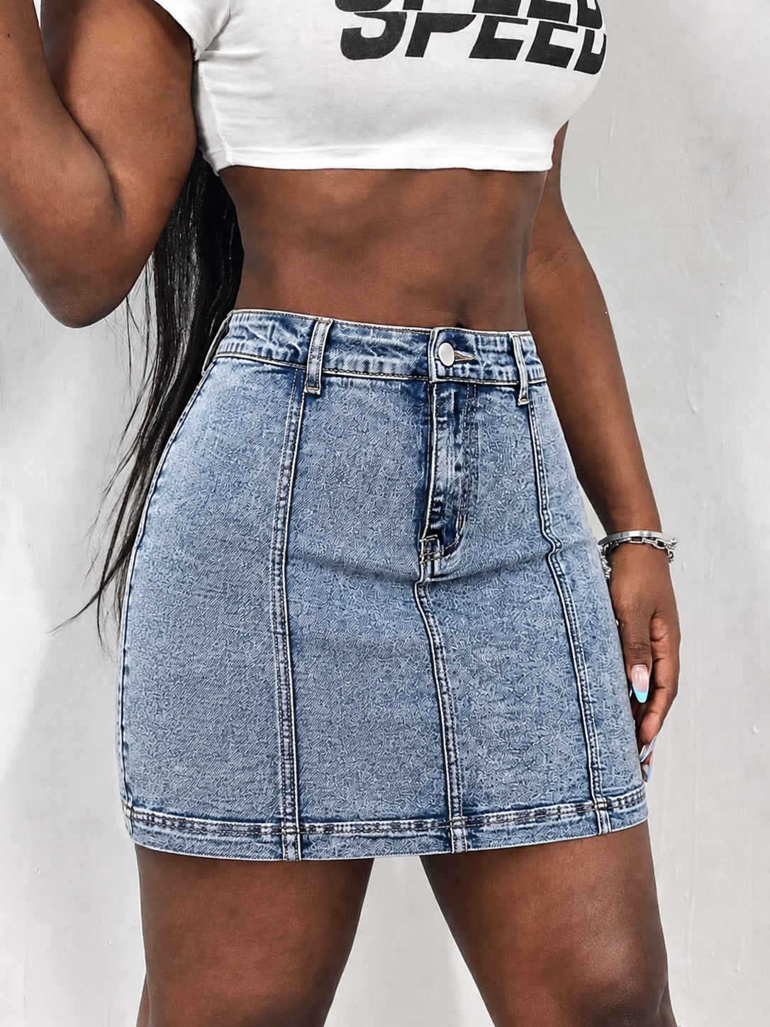 High Waisted Washed Denim Mini Skirt