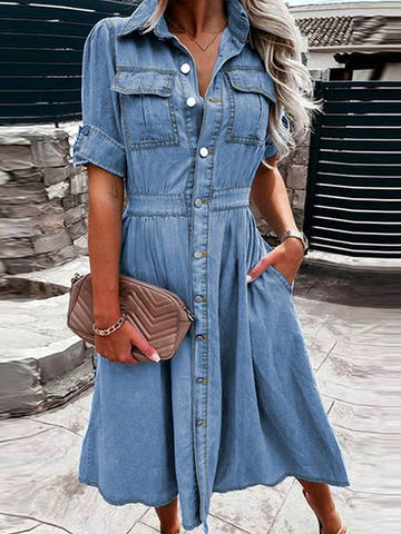 Button Front Pocket Detail Denim Mini Dress