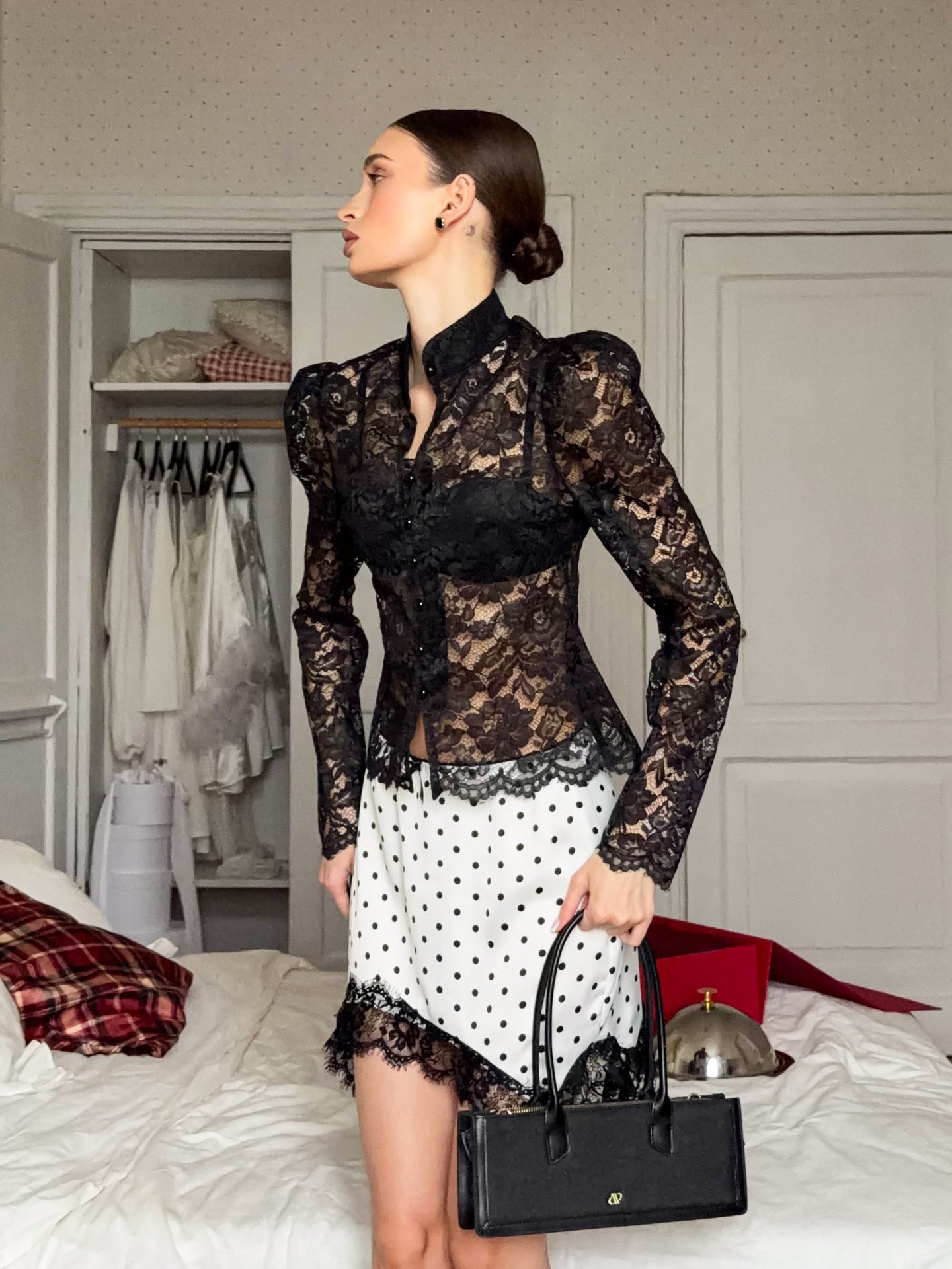 Polka Dot Lace Trim Mini Skirt