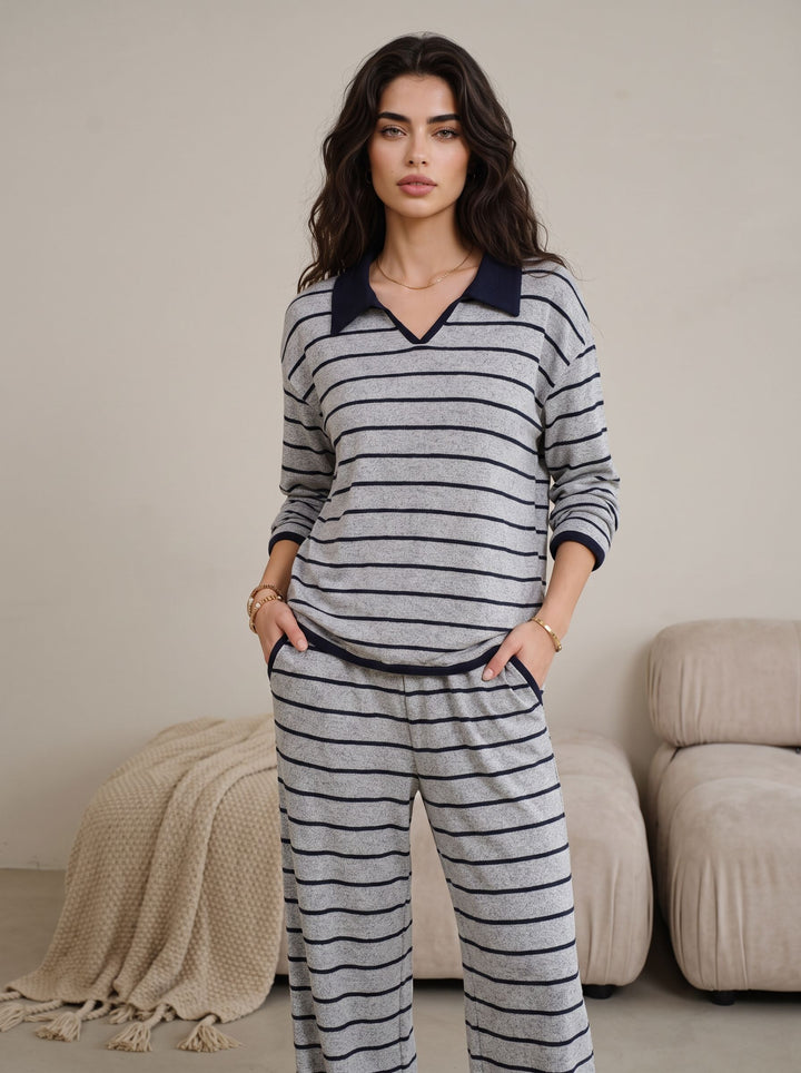 Cozy Striped Collared Loungewear Pajama Set