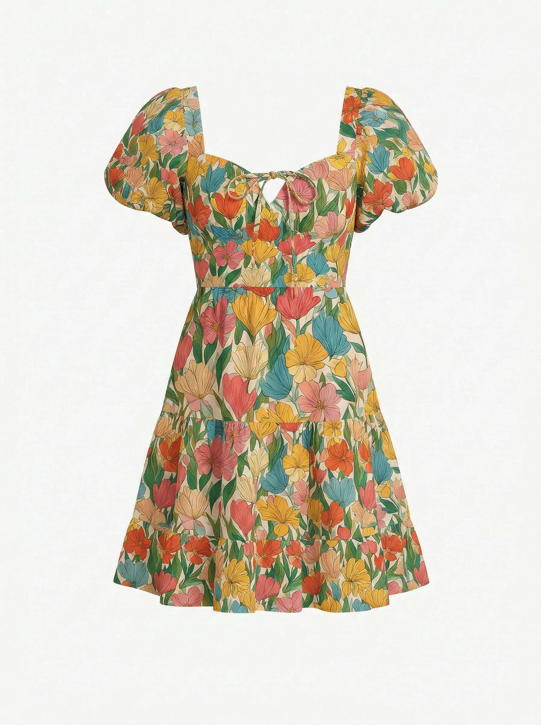 Floral Print Puff Sleeve Tiered Mini Dress