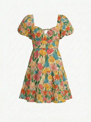 Floral Print Puff Sleeve Tiered Mini Dress