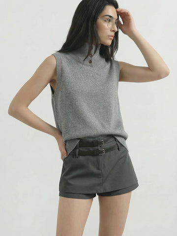 SAÏA Double-Belted Tailored Preppy Shorts-Gray