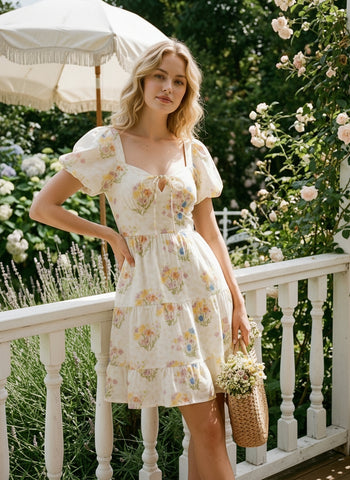 AYLA Floral Print Puff Sleeve Tiered Mini Dress