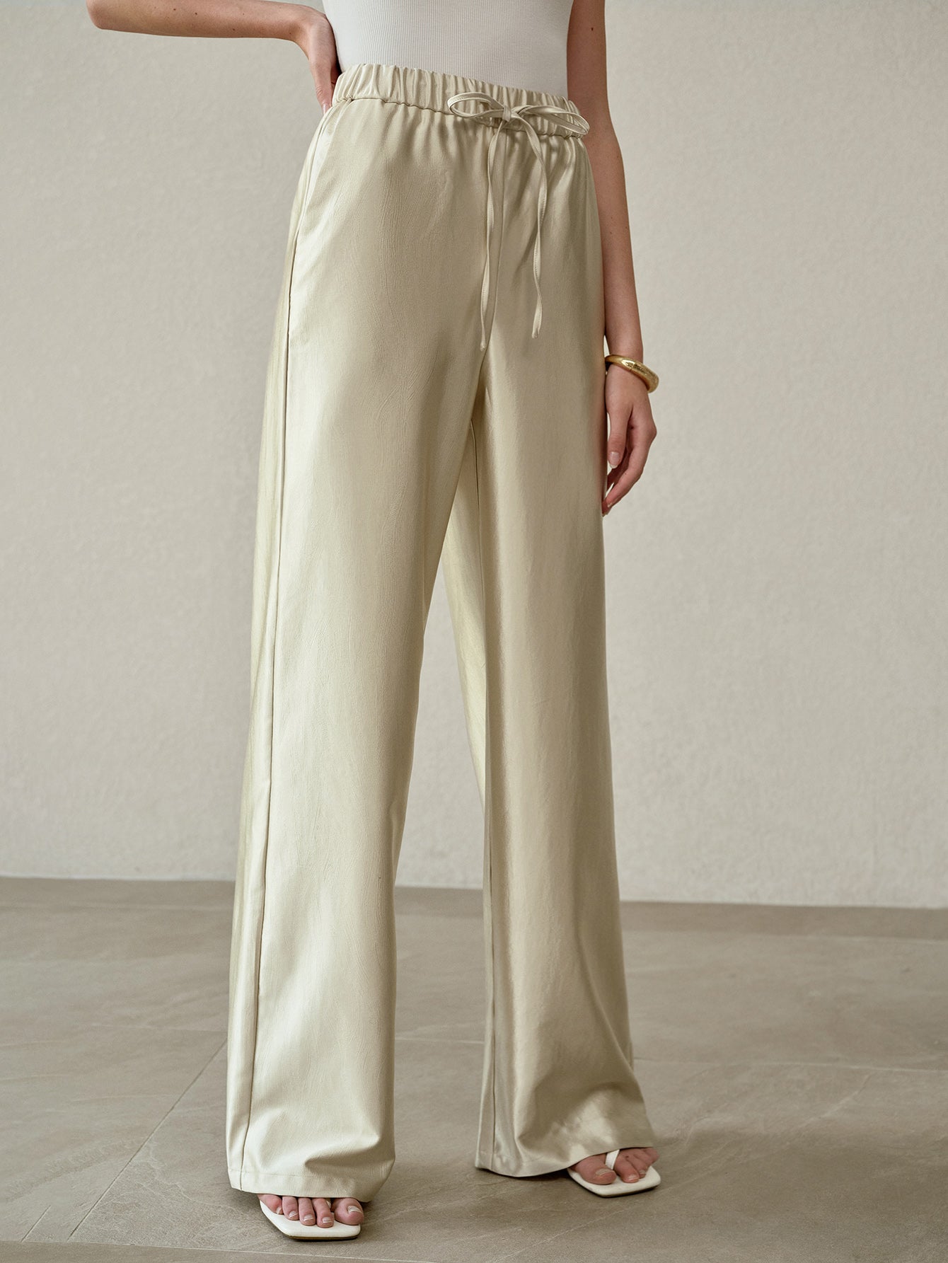 Satin Drawstring High Waisted Wide Pants