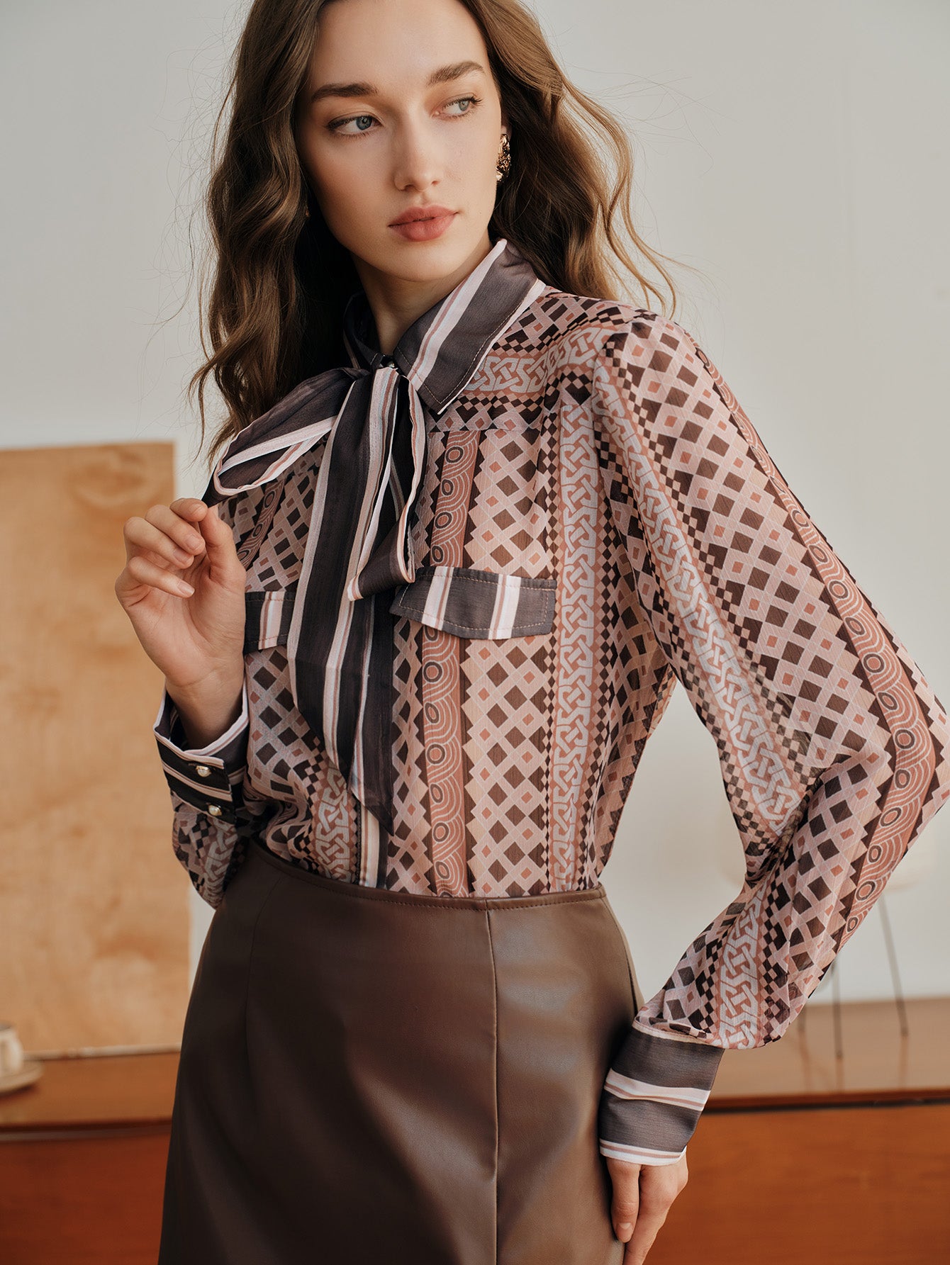 Elegant Geometric Print Tie Neck Shirt