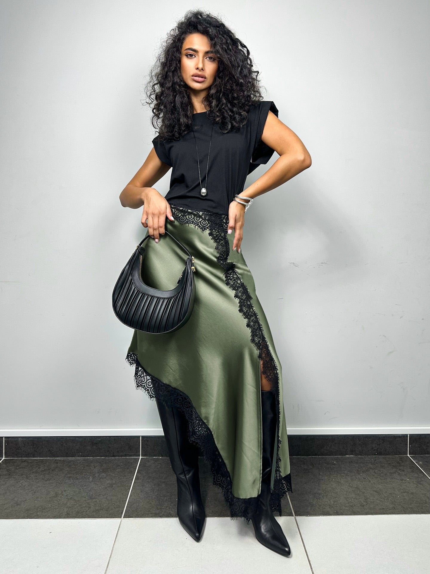 Elegant Lace Trim Satin Midi Skirt
