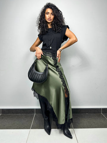 Elegant Lace Trim Satin Midi Skirt