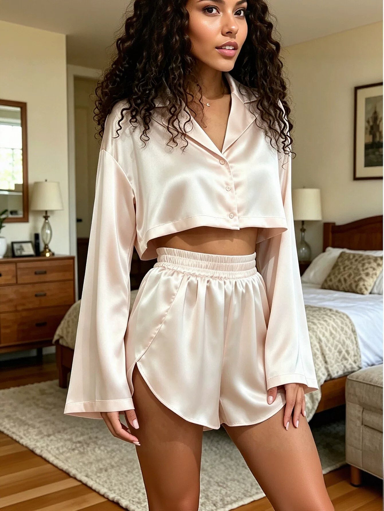 Satin Cropped Flare Lounge Set