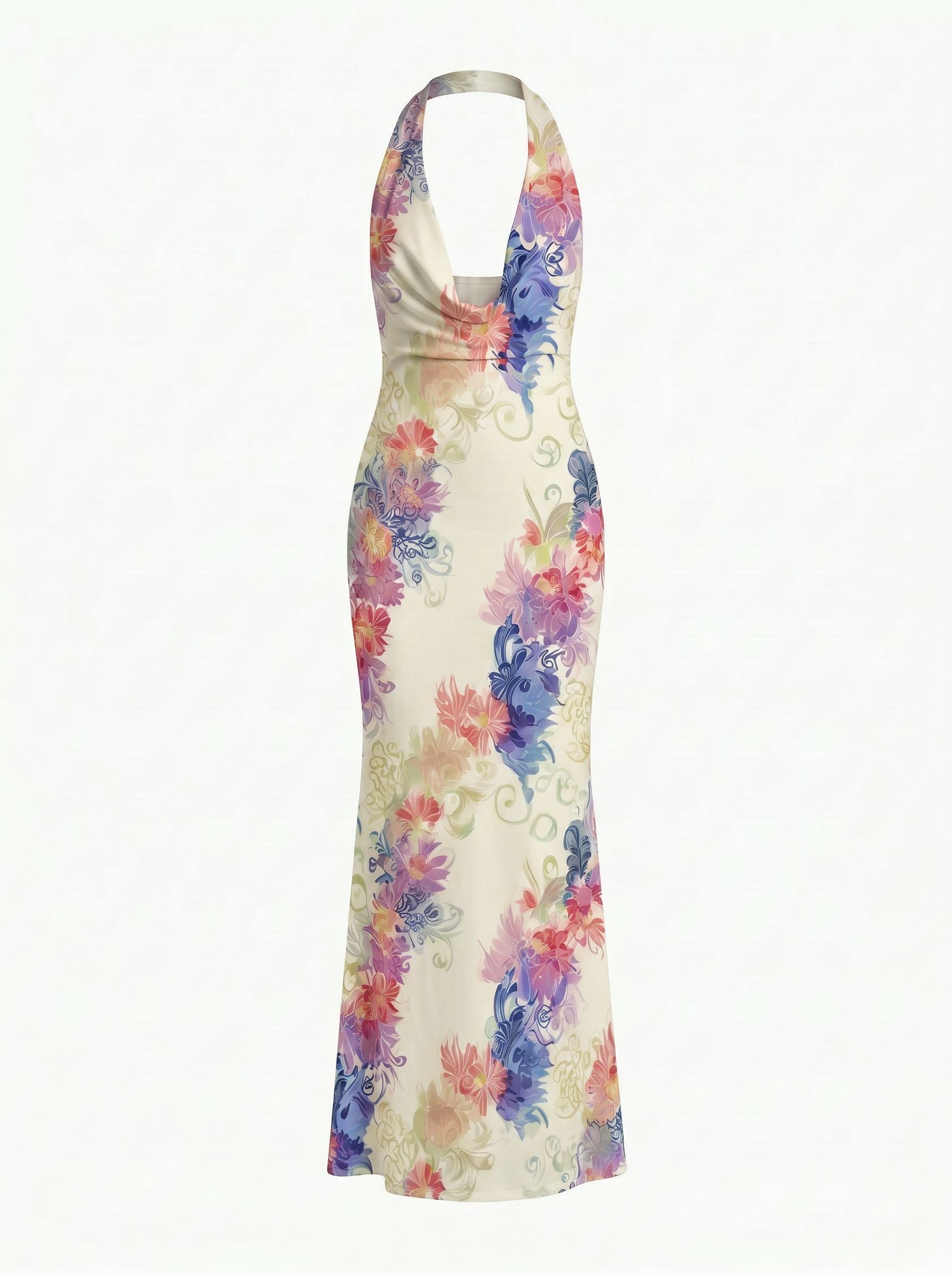 LILA Floral Print Cowl Neck Bodycon Midi Dress