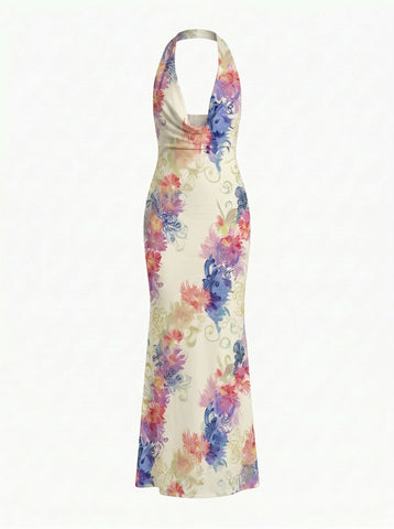 LILA Floral Print Cowl Neck Bodycon Midi Dress