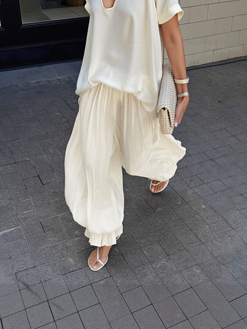 Flowy Pleated Elastic Waist Casual Pants