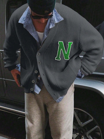 Oversized Letter Patch Ribbed Cardigan