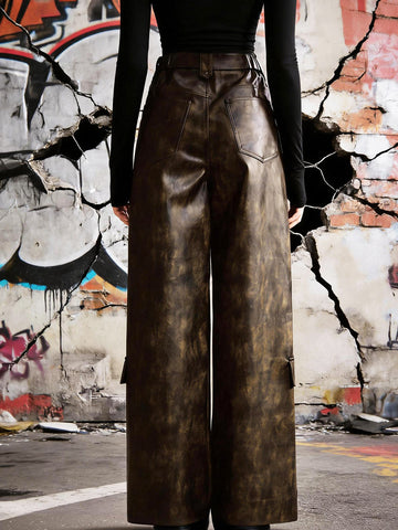High Waisted Faux Leather Cargo Pants