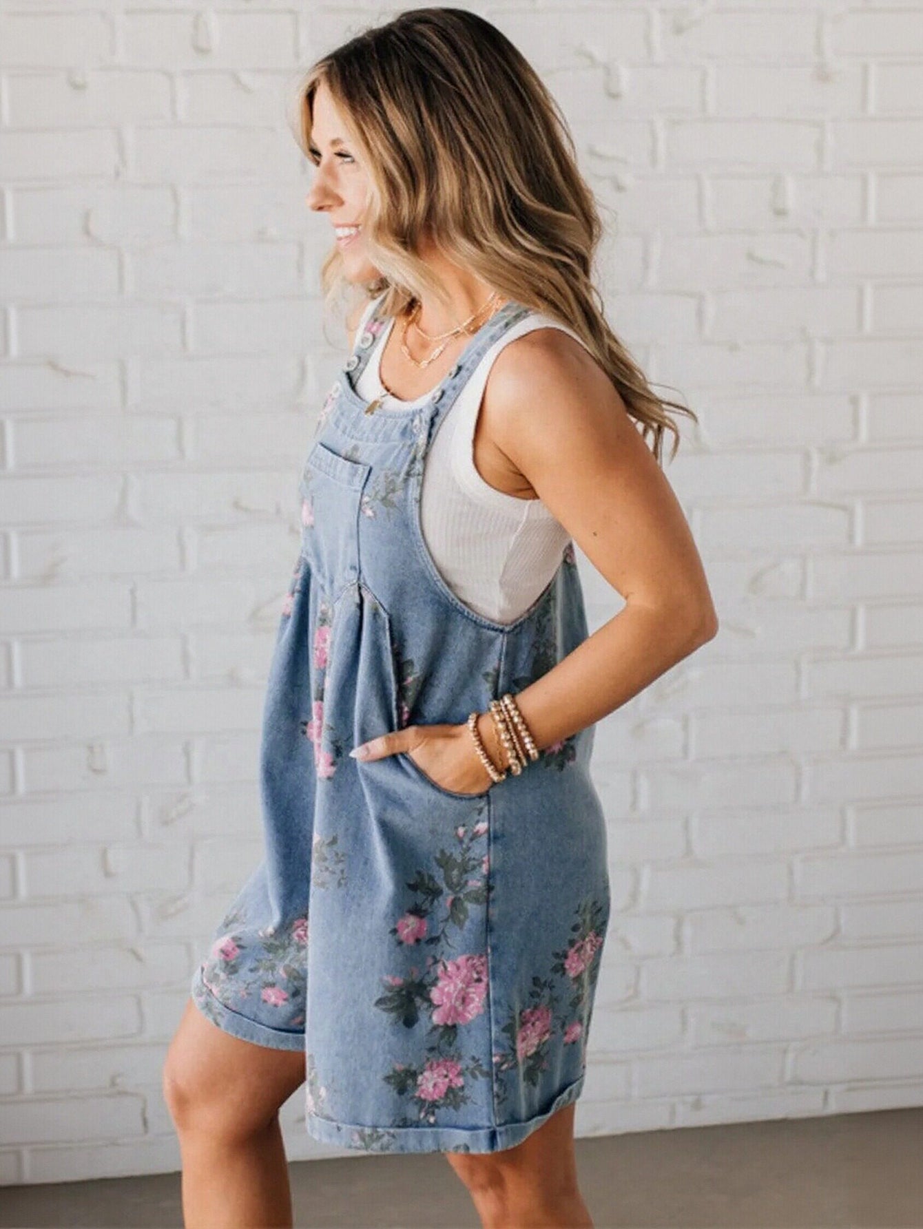 Floral Print Denim Overall Romper