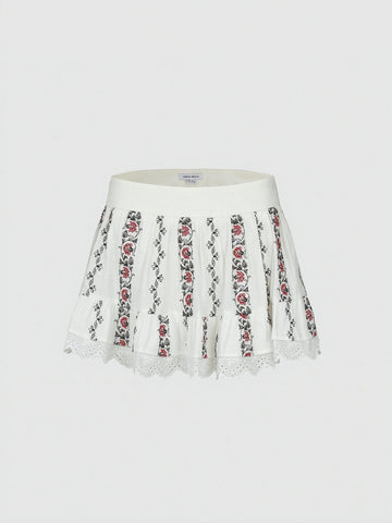 Urban Revivo Floral Embroidered Pleated A-Line Mini Skirts