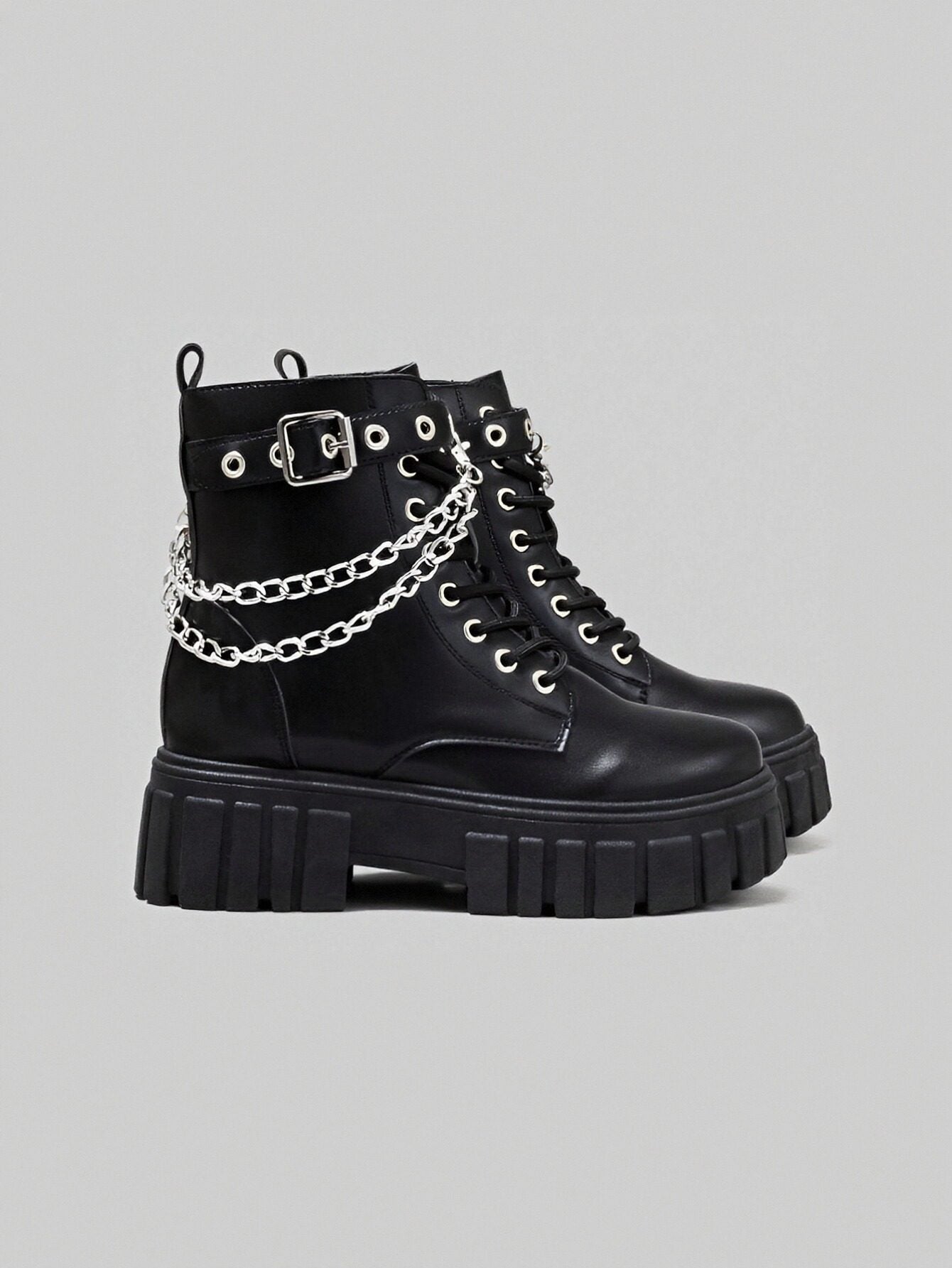 Chunky Sole Chain Detail Combat Boots-Black