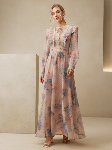 Ruffled Lace Floral Chiffon Maxi Dress