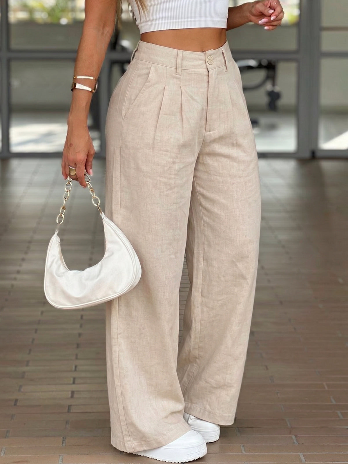 High Waisted Pleated Linen Trousers
