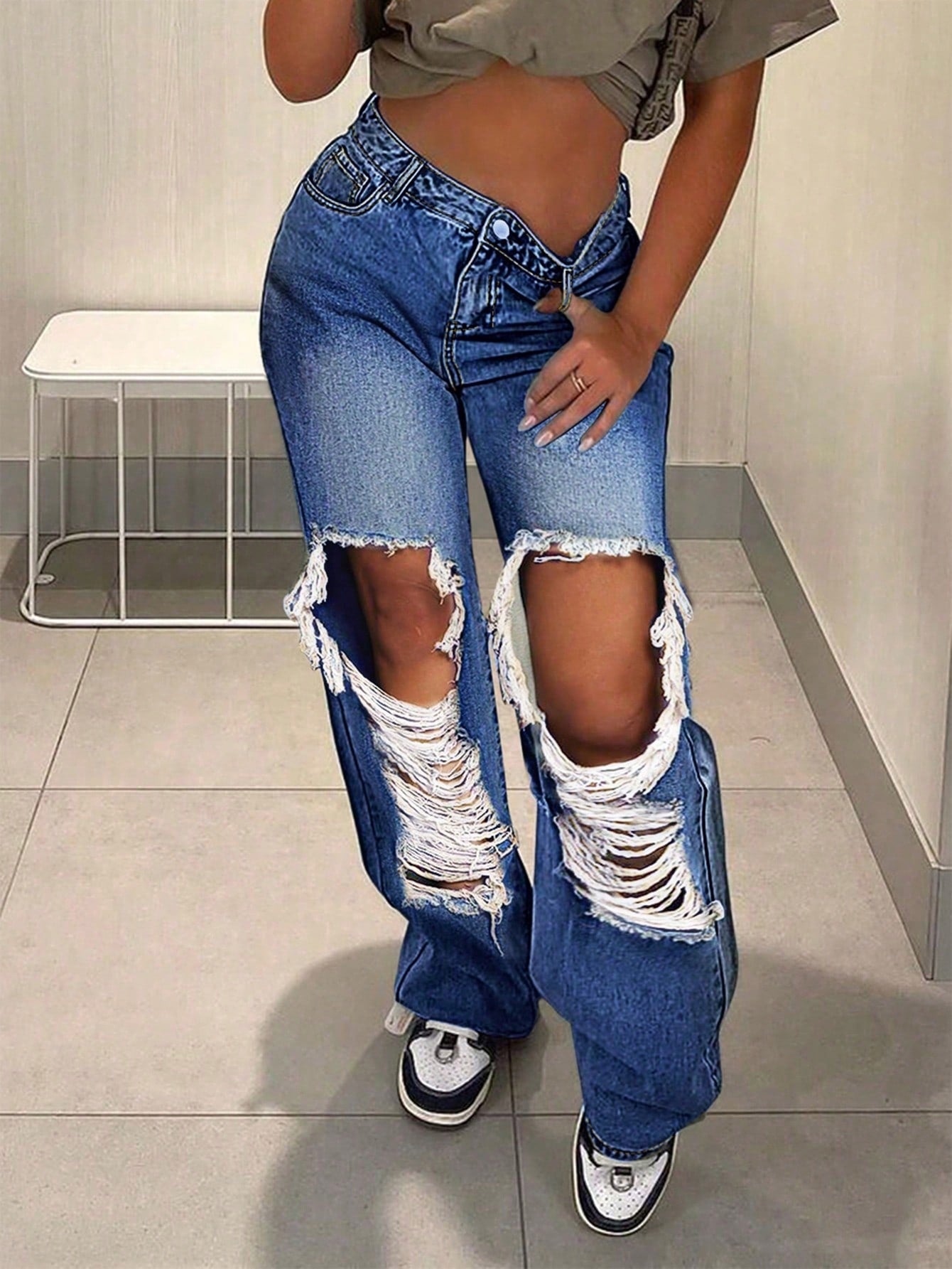 Distressed Hole Wide-Leg Classic Jeans-Dark Blue