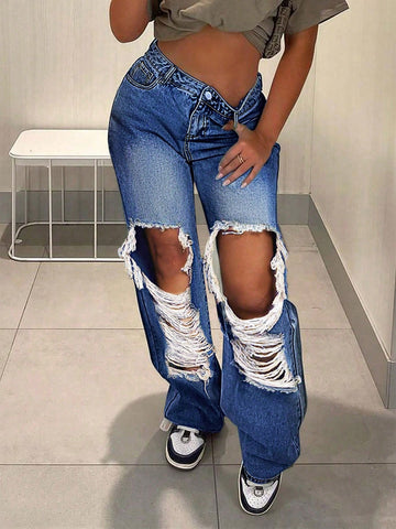 Distressed Hole Wide-Leg Classic Jeans-Dark Blue