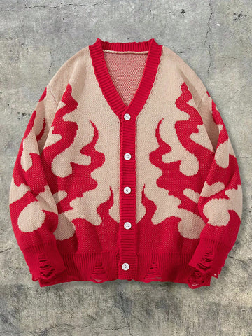 Oversized Flame Pattern Knit Cardigan