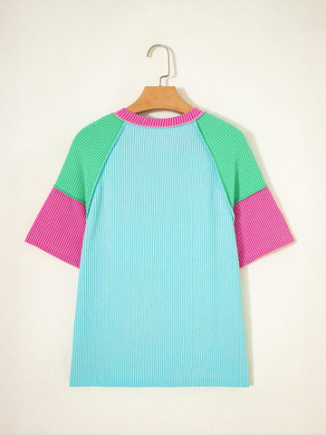 Colorblock Ribbed V Neck T Shirt