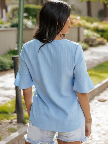 Pleated Flared Sleeve V Neck Blouse