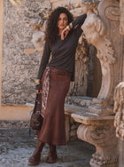 Faux Suede Distressed Midi Skirt