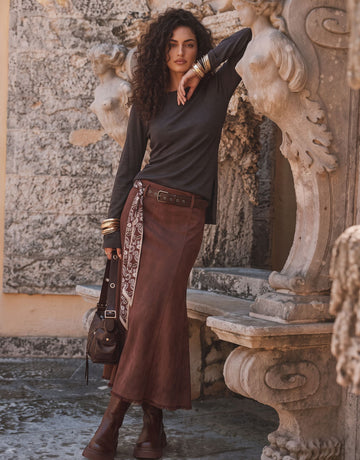 Faux Suede Distressed Midi Skirt