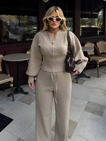 Zip Up Ribbed Knit Set