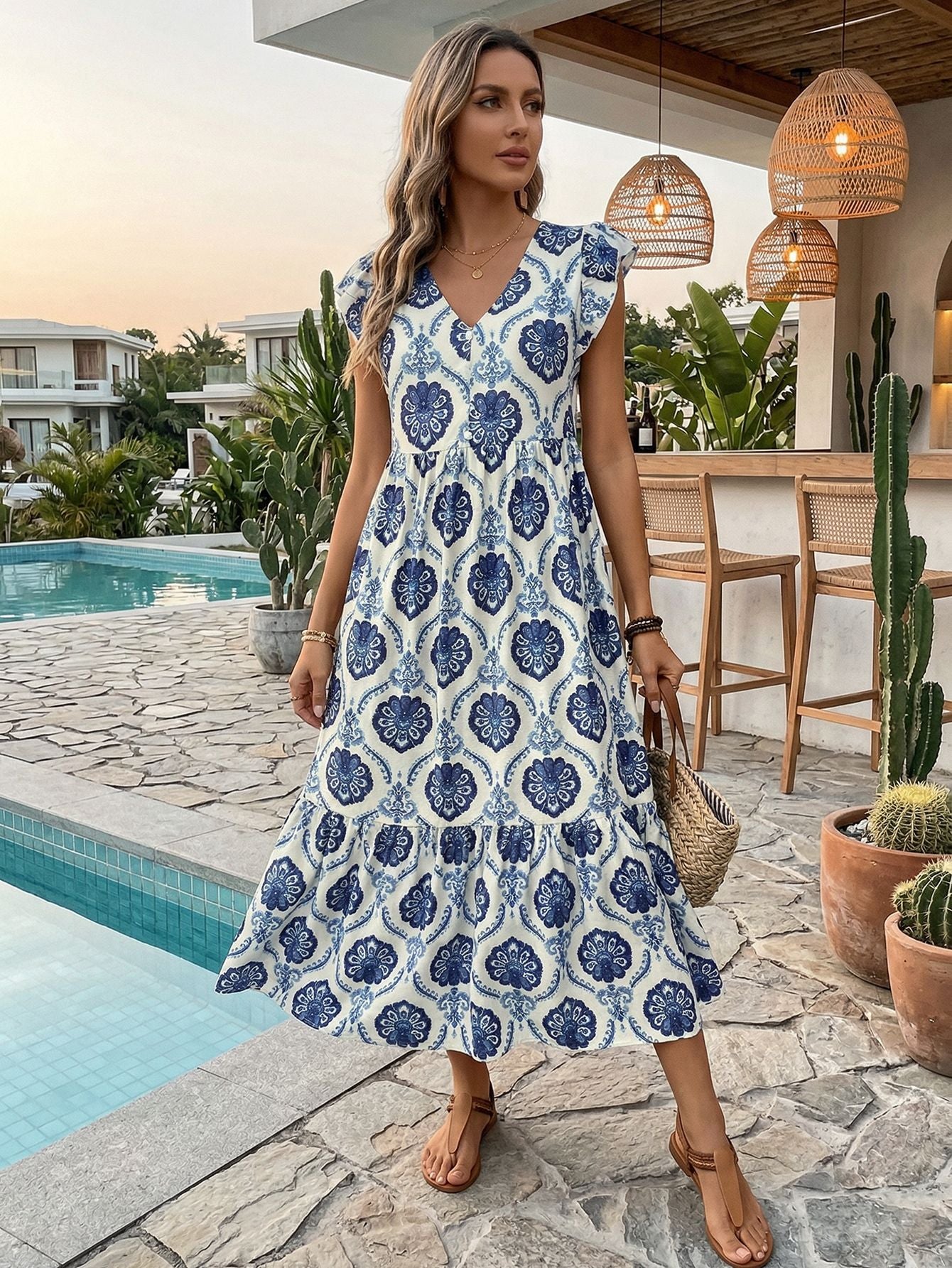 Blue Print V Neck Maxi Dress